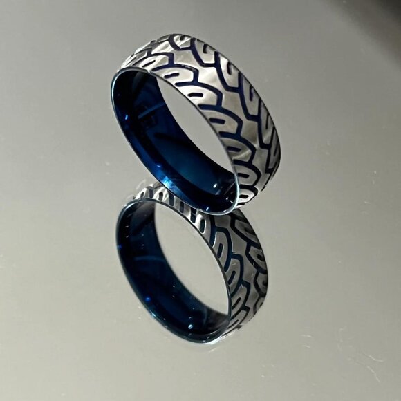 Blue Tire Ring, Stainless Steel Men's Band Solid Light Weight Feel - Picture 2 of 8